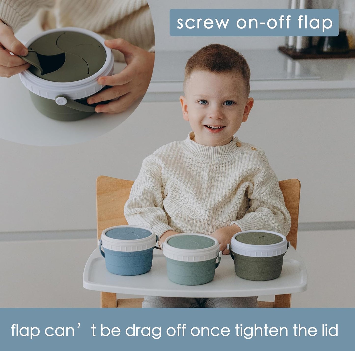 No Spill Silicone Toddler Snack Containers, Detachable Silicone Flap for Filling&Cleaning, Crumb-Free Hard Plastic Screw Travel Lid, Ultra-Soft for Baby Kids Hand In-Out, Snack Cup Holder 12 oz