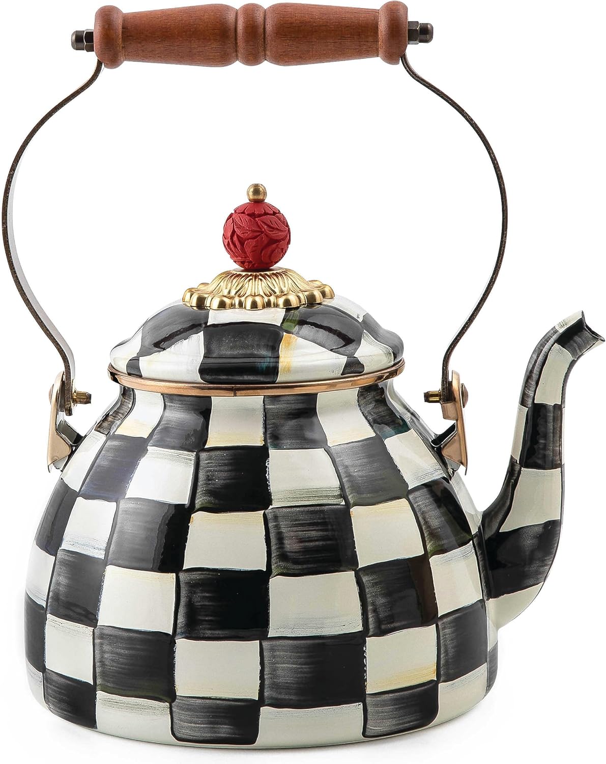 MACKENZIE-CHILDS Enamel Tea Kettle, Stylish Tea Kettle for Stovetop, Black-and-White Courtly Check, 2 Quarts