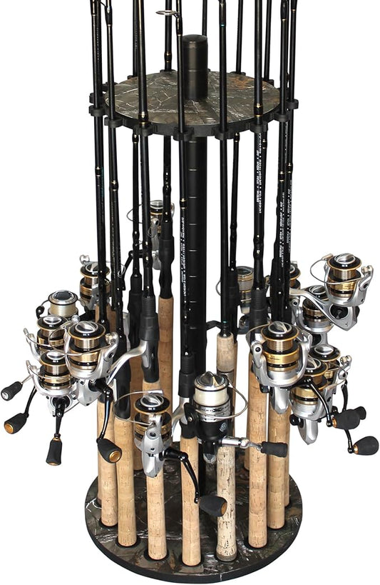 Rush Creek Creations | Round Spinning Fishing Rod Holder for 16 Freshwater Fishing Poles, Fishing Gear, and Fishing Accessories | Fishing Rod Rack with 16 Fishing Rod Clips for Garage Organization