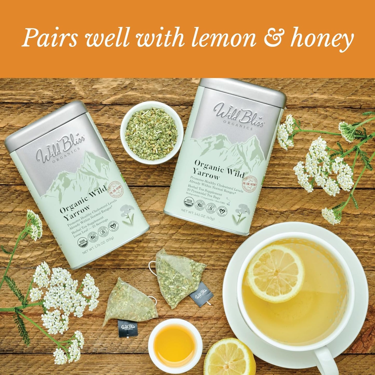 Wild Bliss Organic Yarrow Tea - Caffeine Free Loose Leaf Herbal Tea - Pharmacopoeia Potency - 1.76 Ounces - 25 Servings