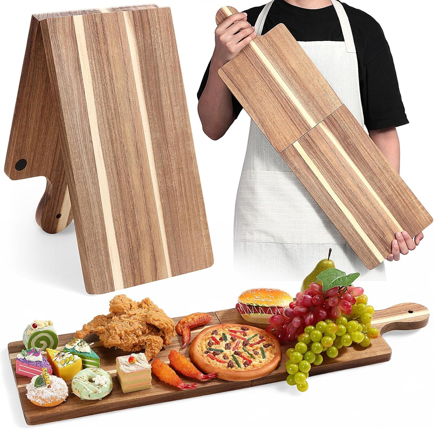 Large Acacia Charcuterie Board Wood Charcuterie Boards with Handles Foldable Travel Wooden Serving Cheese Boards for Party Food Appetizers Housewarming Gift Meat Party (23.6 x 8.7inch)