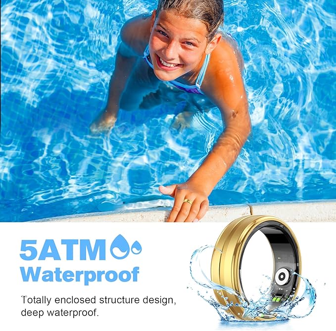 Smart Ring Health Tracker for Men/Women,Fitness Ring Sleep Tracker,Fast Charging for Long-Lasting Use,for Pedometer Exercise,Monitor Sleep, Heart Rate, Stress,Waterproof (Gold, 10)