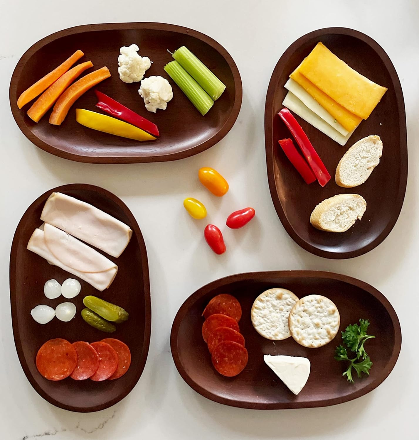 Woodard & Charles Oval Tray Natural Acacia Wood Serving Tray Cheese Wine (Small - Set of 4 - Walnut Stain)