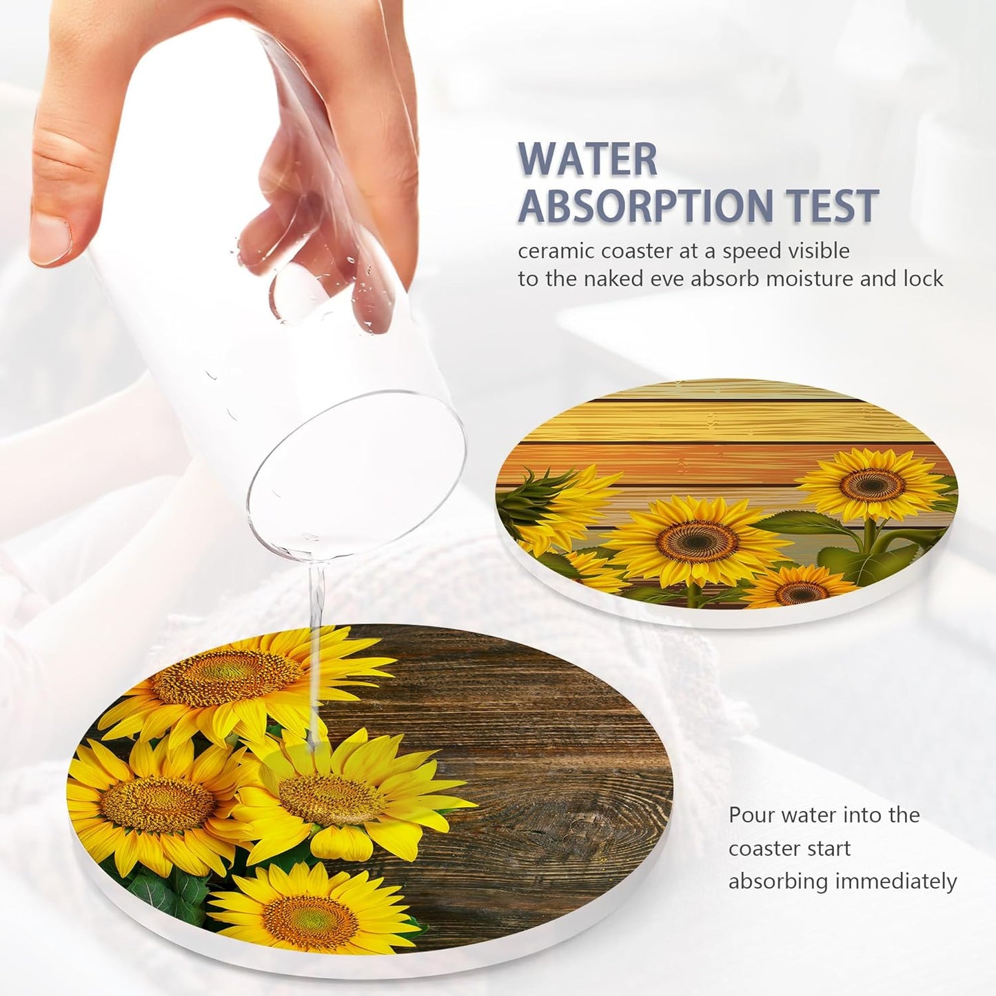 Table Coaster for Drinks Set of 6, Vintage Sunflower Wood Round Ceramic Coasters,with Cork Base and Metal Holder,Great Housewarming Birthday Gifts,Home Decor