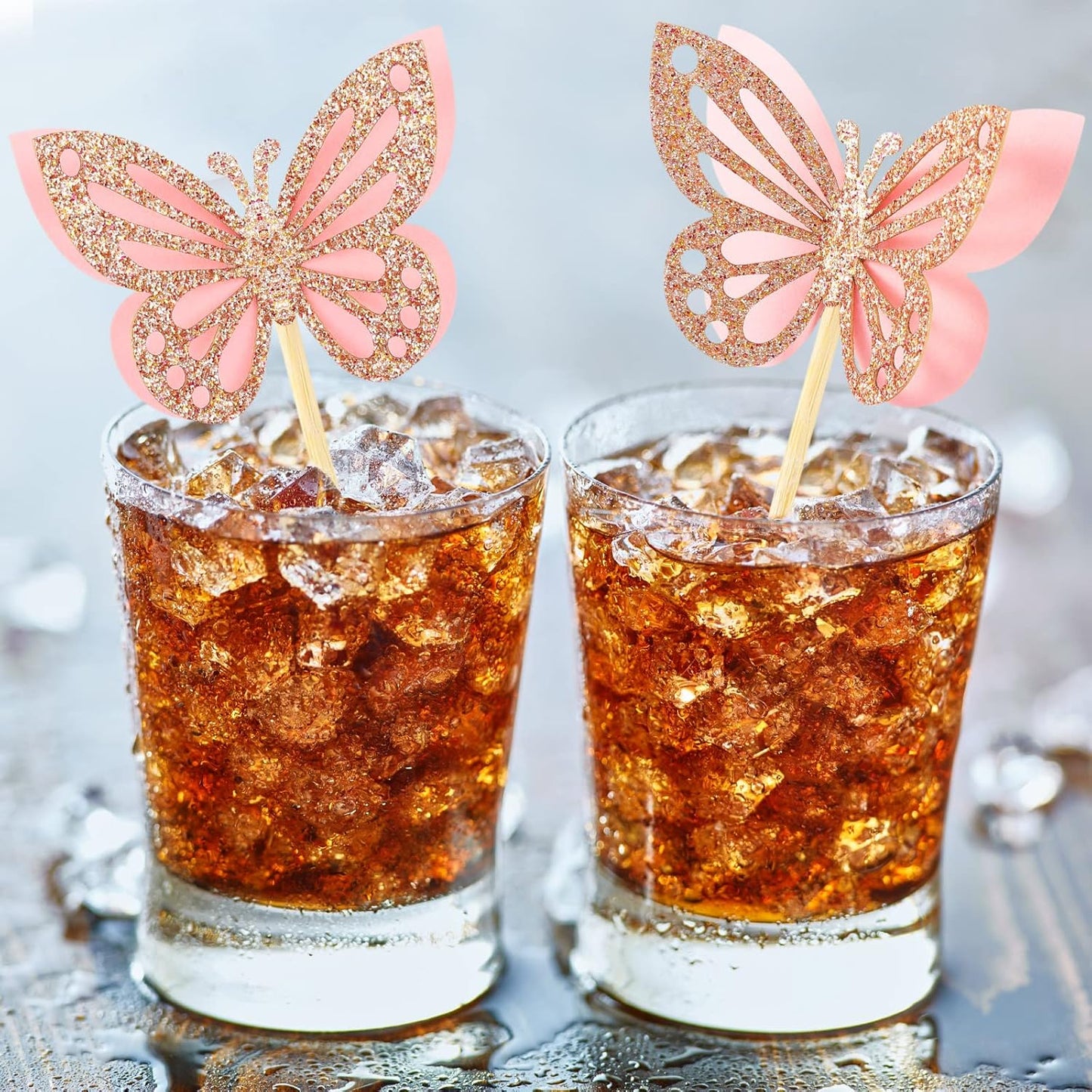 Chinco 48 Pcs Butterfly Cupcake Toppers Assembled Double Layer Cupcake Topper 3D Glitter Cake Topper Butterfly Cocktail Pick Decoration for Baby Shower Birthday Wedding(Pink,Classic Style)