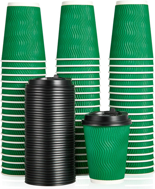 100 Count 12 OZ Coffee Cups with Lids, Insulated Ripple Wall Paper Hot Coffee Paper Cups for Hot Drinks