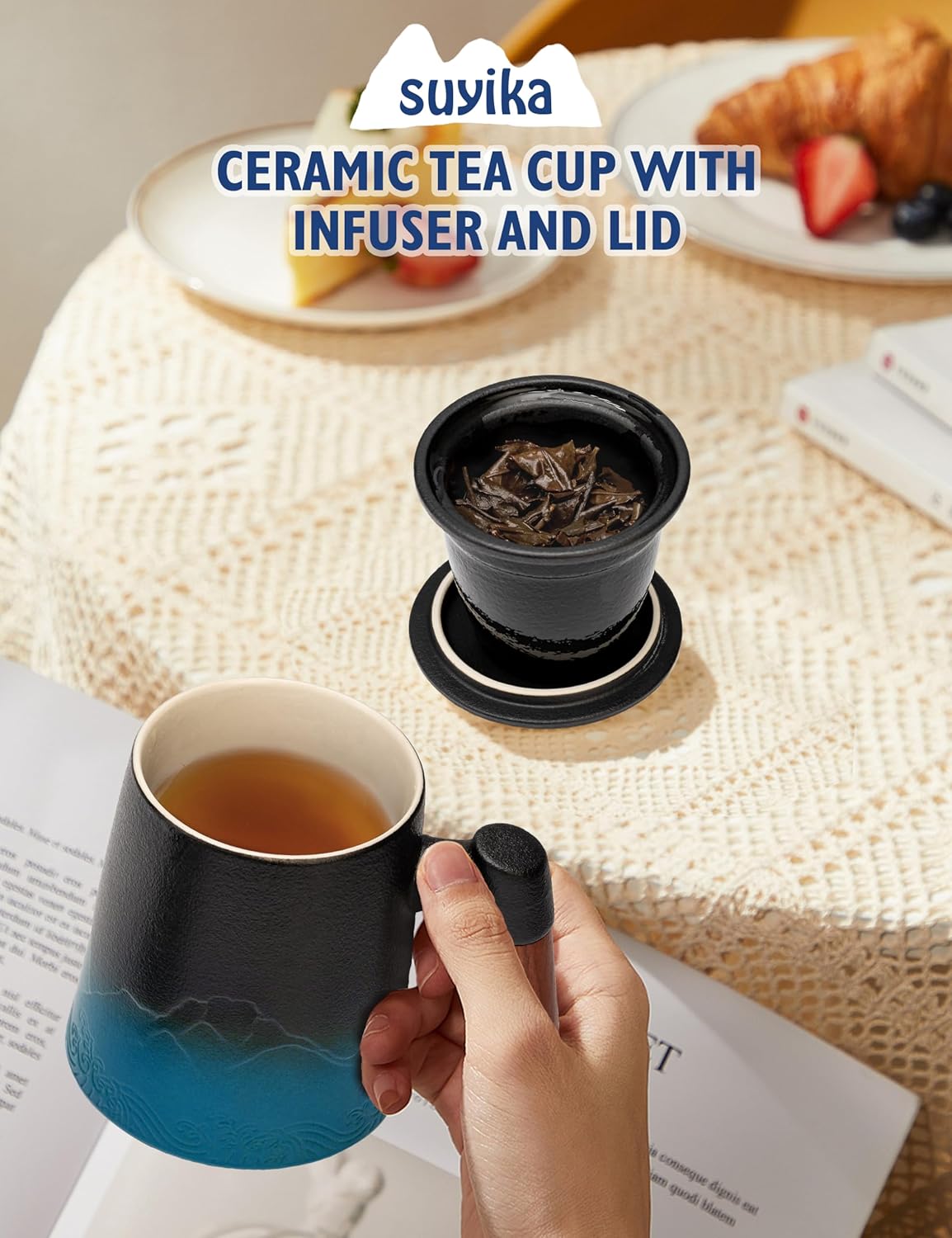 suyika Tea Cup with Infuser and Lid, 15.2 Ounce Wood Handle Ceramic Loose Leaf Mug Gradient Black&Blue 450ml