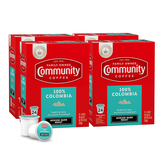 Community Coffee 100% Colombia 96 Count Coffee Pods, Medium Dark Roast, Compatible with Keurig 2.0 K-Cup Brewers, 24 Count (Pack of 4)