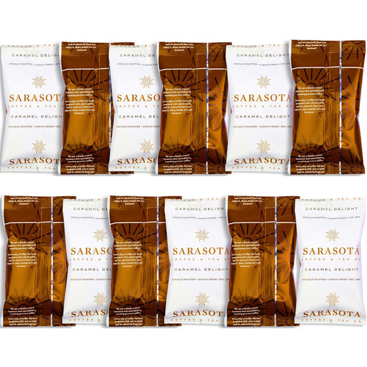 Sarasota Coffee Ground Packets | Gourmet Flavored Medium Roast Grounds Coffee Packs | Salted Caramel | Low Acid Mold Free Individual Single Pot Pouches for 12 Cup Coffee Maker | 2 Ounce Bags, 12 Count