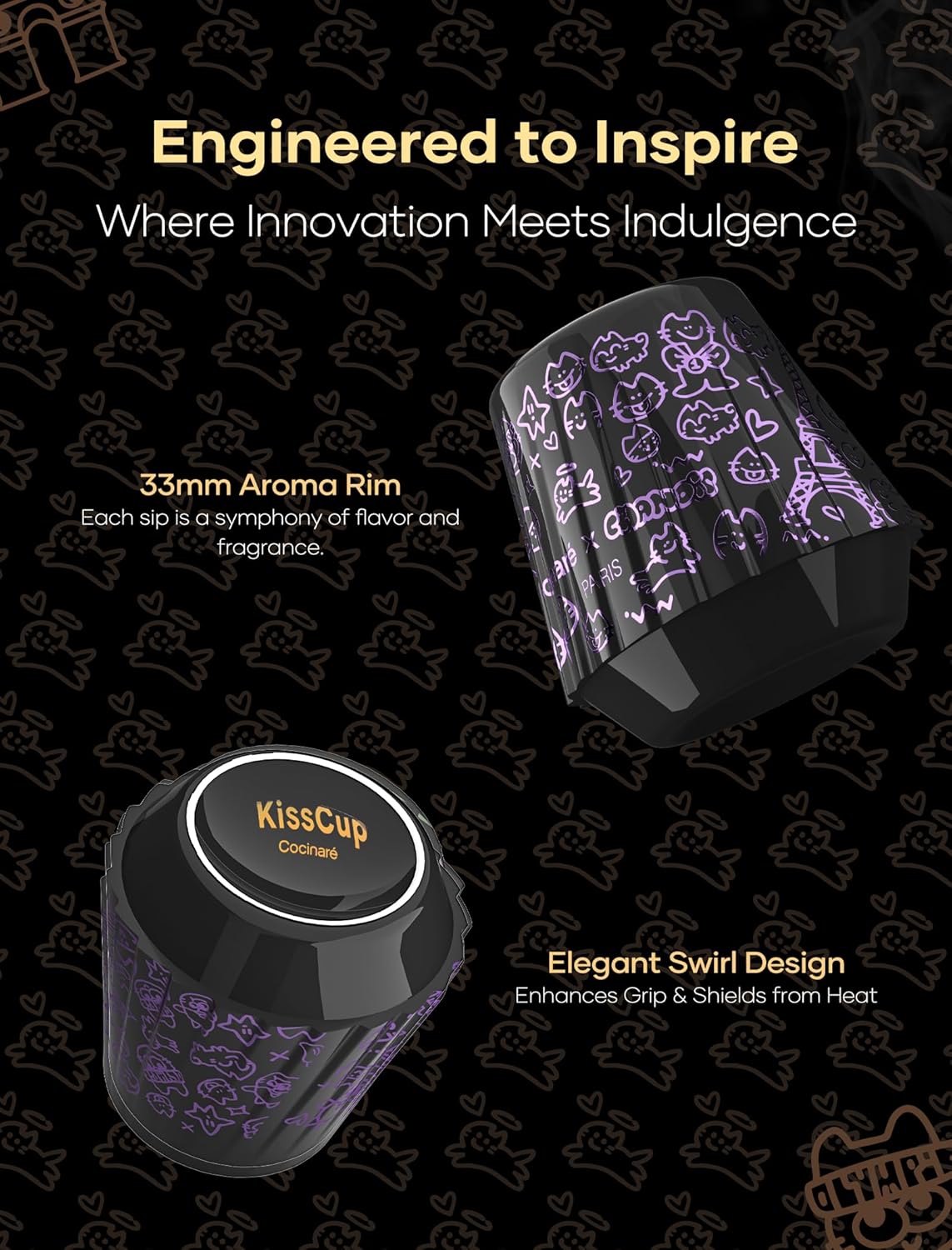 Cocinare x Chanoir KissCup Art Ceramic Espresso Cup – 2.2oz Demitasse Cup for Espresso, Pour-over coffee and Tea, Chanoir Black, Art de Paris Collaboration