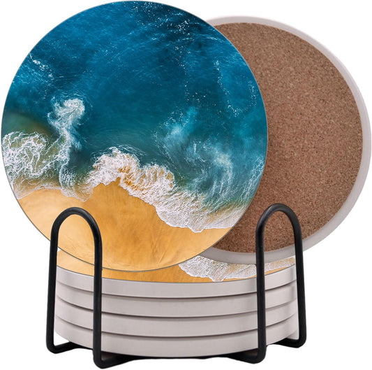 Ocean Coastal Theme Round Coasters Set of 6 - Abosrbent Ceramic Coasters with Metal Stand for Drinks, Beer, Coffee, Non-Slip Cork Back for Tabletop Protection, 4 Inches (Waves)