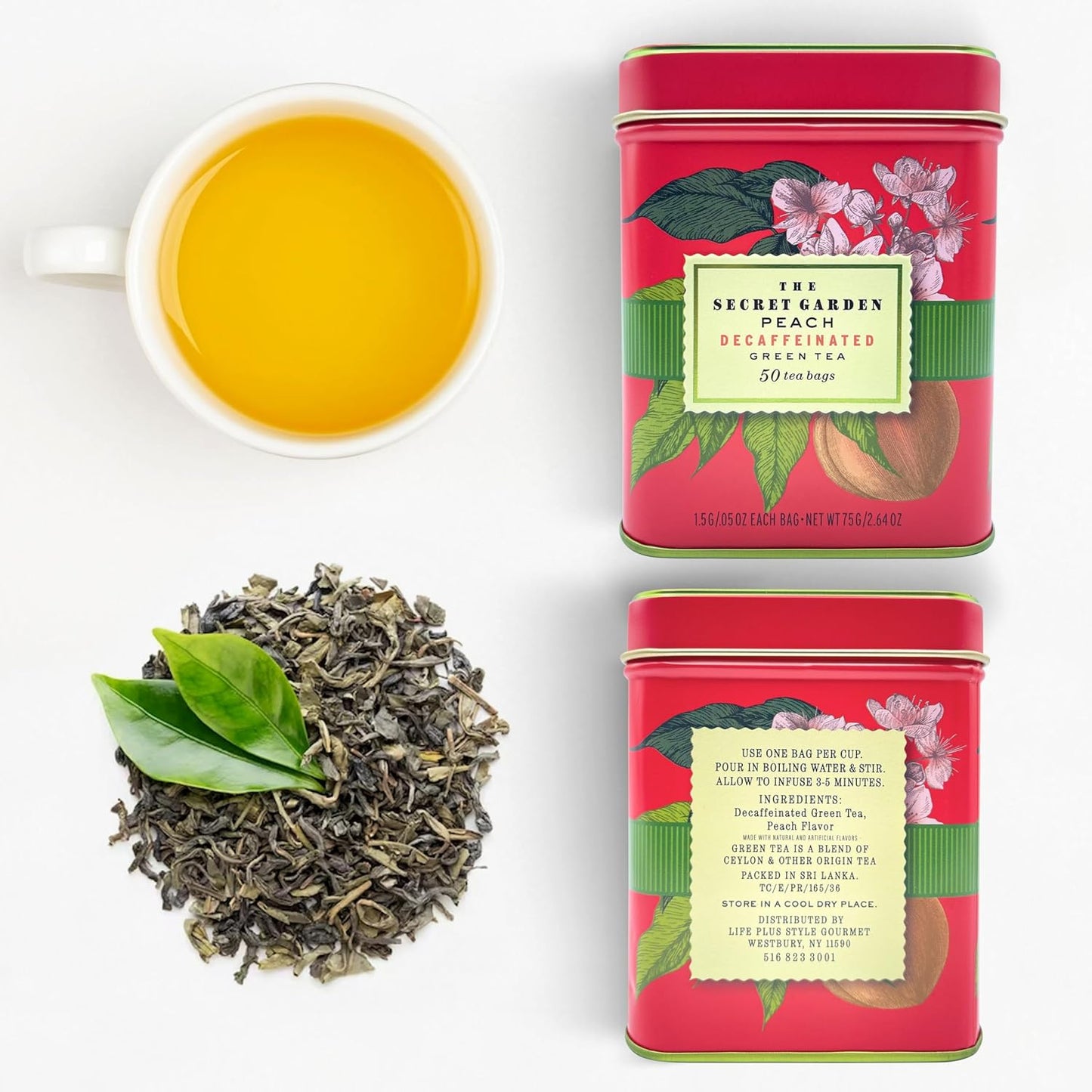 Premium Decaf Peach Herbal Green Tea Bags 50 Pack Designer Tin, Eco-Friendly, Sugar Free, Keto & Diabetic Friendly Full Bodied Aromatic Flavor Family Share Size Bulk Teabags (50-Count)