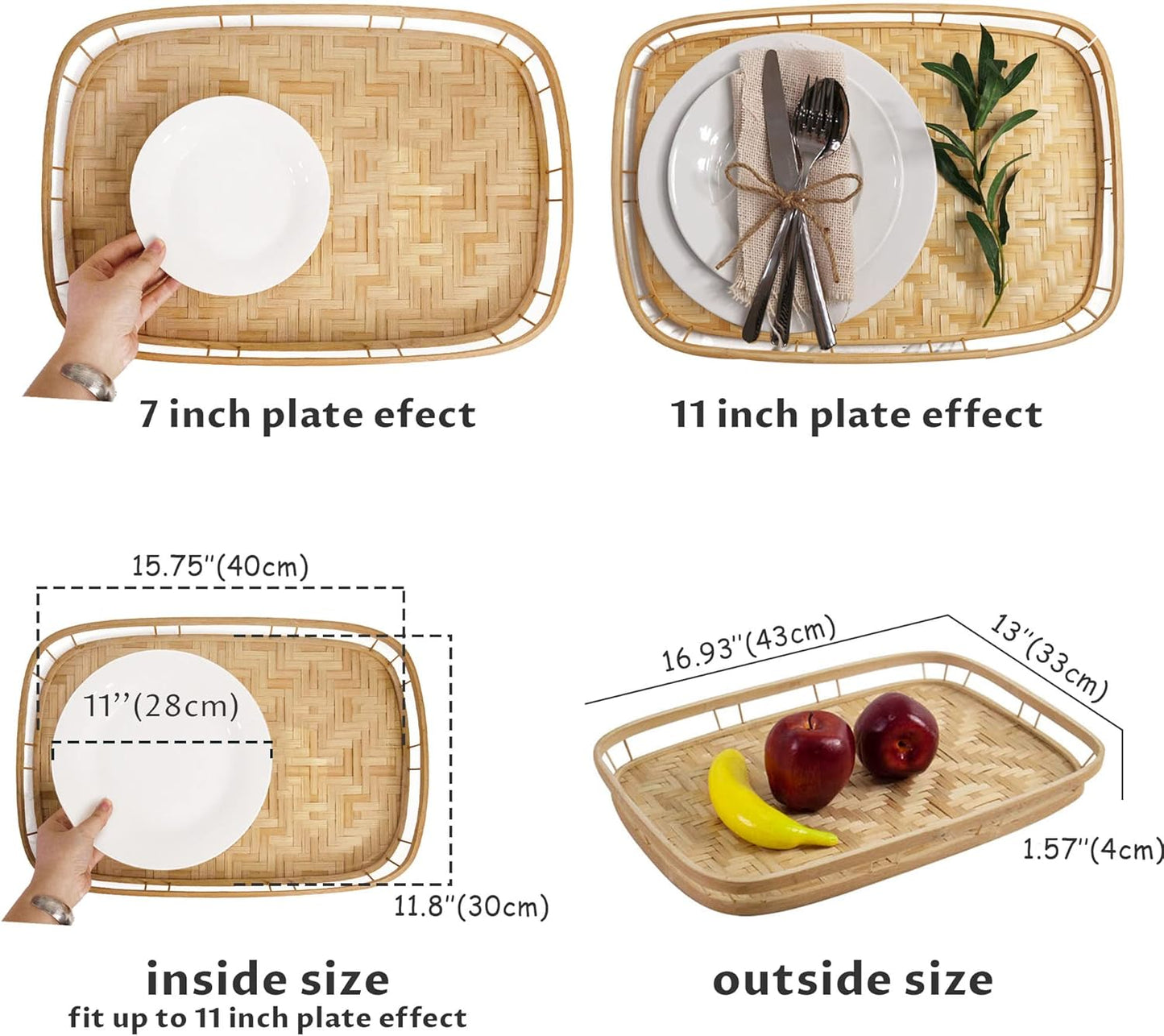 PEMAR Set of 4 Bamboo Wicker Serving Trays for Foods & Drinks, Rectangular Breakfast Lap Trays with Handles Wooden Decorative Platters for Coffee Table, Bed Eating