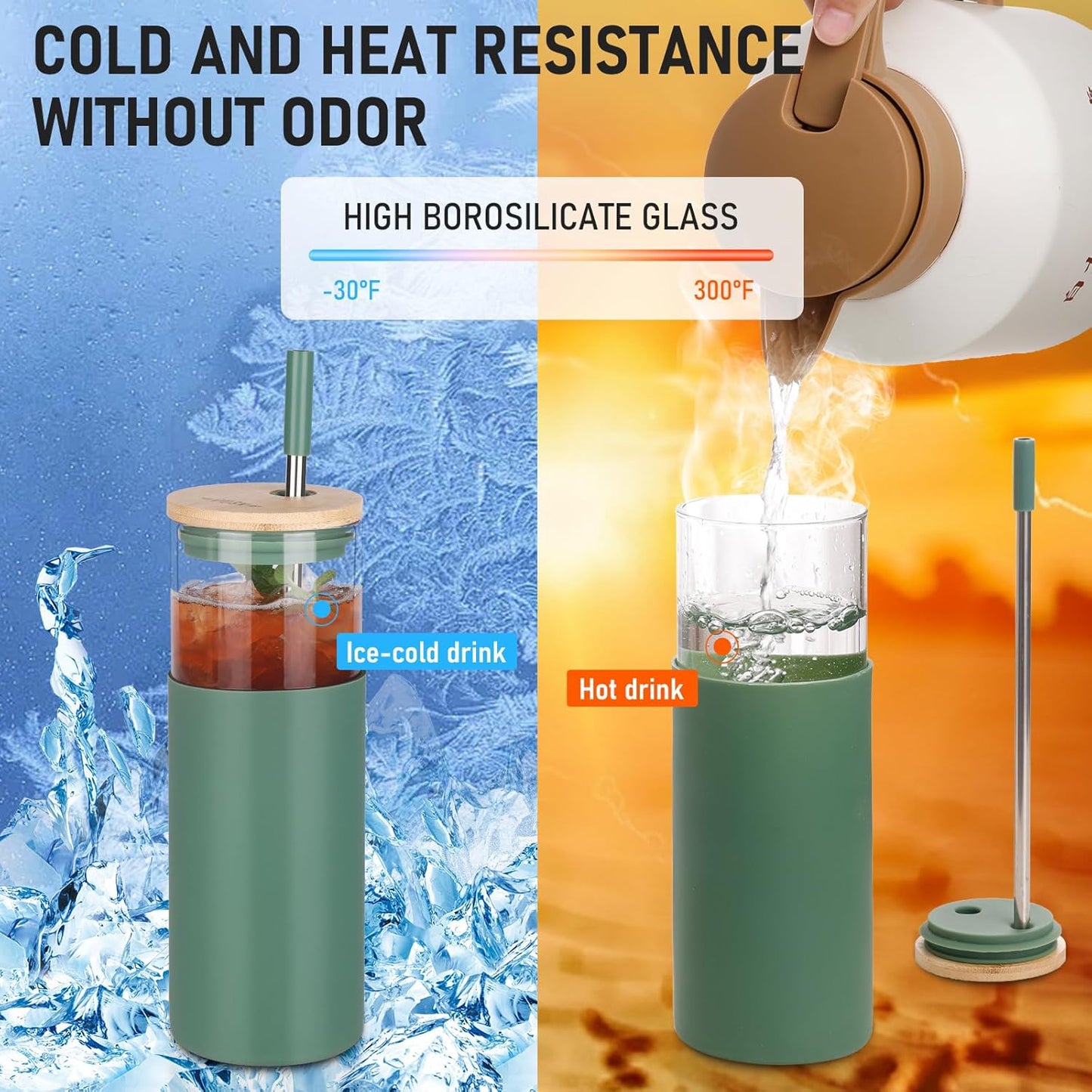 Glass Tumbler w/Lids & Straw - 24oz Reusable Glass Mug/Bamboo Lid & Stainless Steel Straw-BPA Free, Leak-Proof, Dishwash Safe for Coffee, Smoothies, Hot Beverages, Travel, Office, Home Use，2-PK