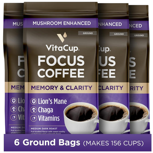 VitaCup Focus Mushroom Coffee Grounds, with Lions Mane, Chaga, B Vitamins, D3, Boost Focus, Immunity, Memory & Clarity, Medium Dark Roast, Bold & Smooth 100% Arabica Specialty, 6 bags, 10oz each