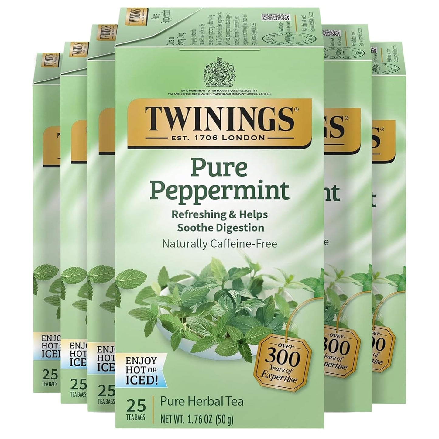 Twinings Pure Peppermint Herbal Tea Individually Wrapped Bags, 25 Count (Pack of 6), Fresh Minty Flavour, Naturally Caffeine-Free, Enjoy Hot or Iced, 150 Teabags