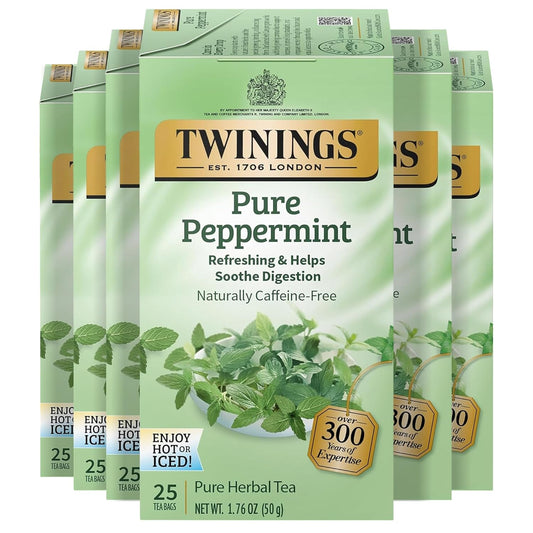 Twinings Pure Peppermint Herbal Tea Individually Wrapped Bags, 25 Count (Pack of 6), Fresh Minty Flavour, Naturally Caffeine-Free, Enjoy Hot or Iced, 150 Teabags
