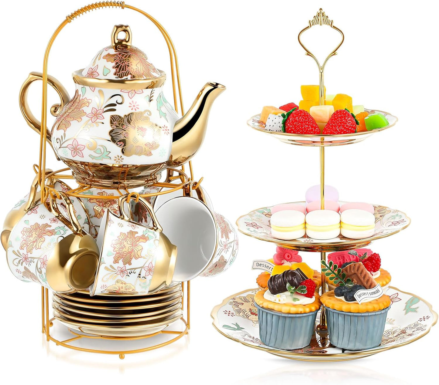 Maxcheck 21 Pcs Tea Party Set for Adults European Floral Tea Set with Metal Holder and 3 Tier Ceramic Cake Stand Porcelain Flower Cup Teapot for Dessert Cupcake(Classic Style)