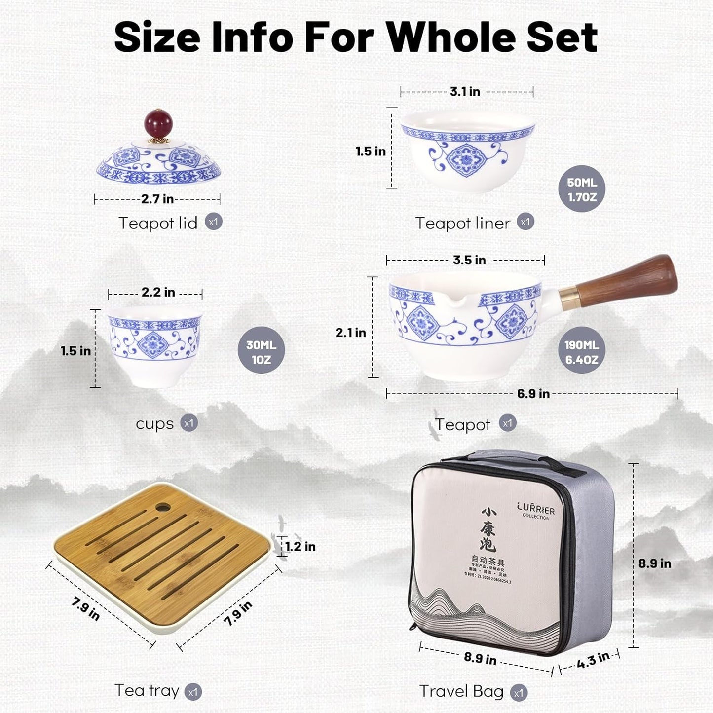 LURRIER Porcelain Chinese Gongfu Tea Set,Portable Teapot Set with 360 Rotation Tea maker and Infuser,Portable All in One Gift Bag for Travel,Home,Gifting,Outdoor and Office (Floral White)