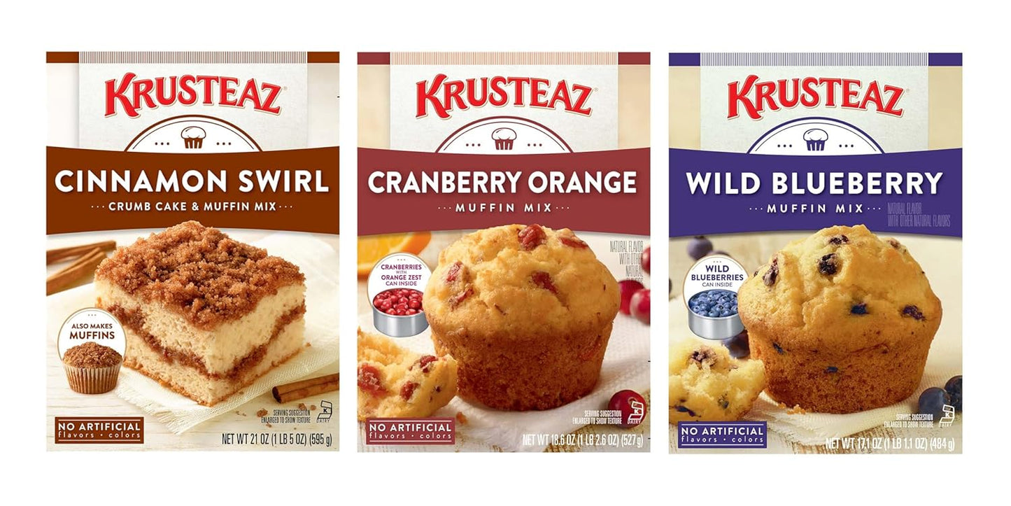 Krusteaz Variety Pack,Cinnamon Swirl Crumb(21 oz),Cranberry Orange Muffin Mix (18.6 oz),Wild Blueberry Muffin Mix (17.1 oz), (3 CT)