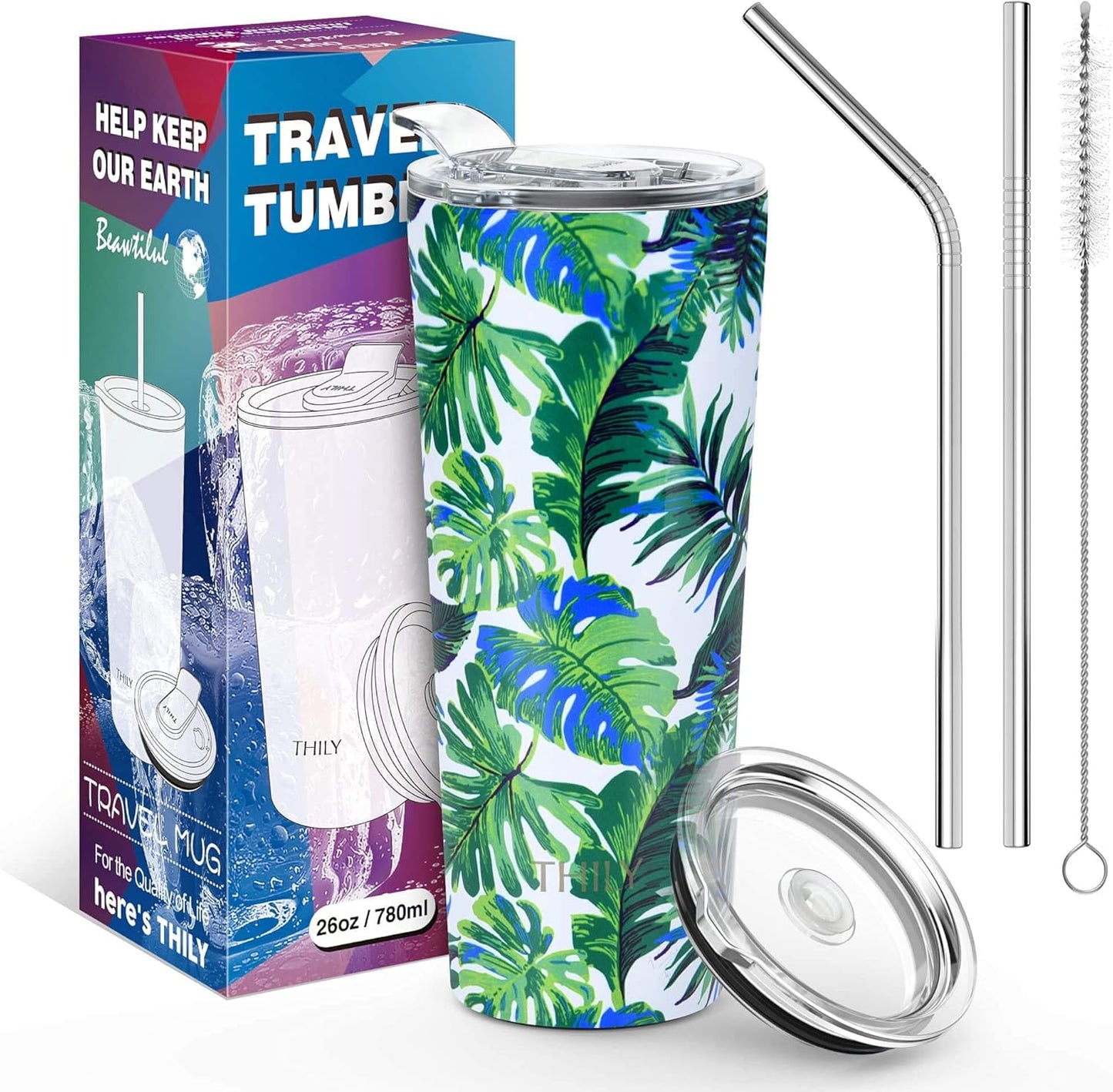 THILY Tumbler Stainless Steel Coffee Cup 26 oz Triple-Insulated Travel Mug with Splash-Proof Lid, for Ice Drinks and Hot Beverage Smoothies Cup, Green Plants