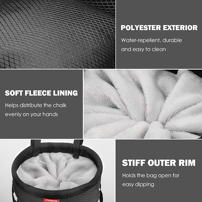 MoKo Rock Climbing Chalk Bag, Bouldering Chalk Pot Bucket with Adjustable Belt & Carabiner Drawstring Climbing Gear