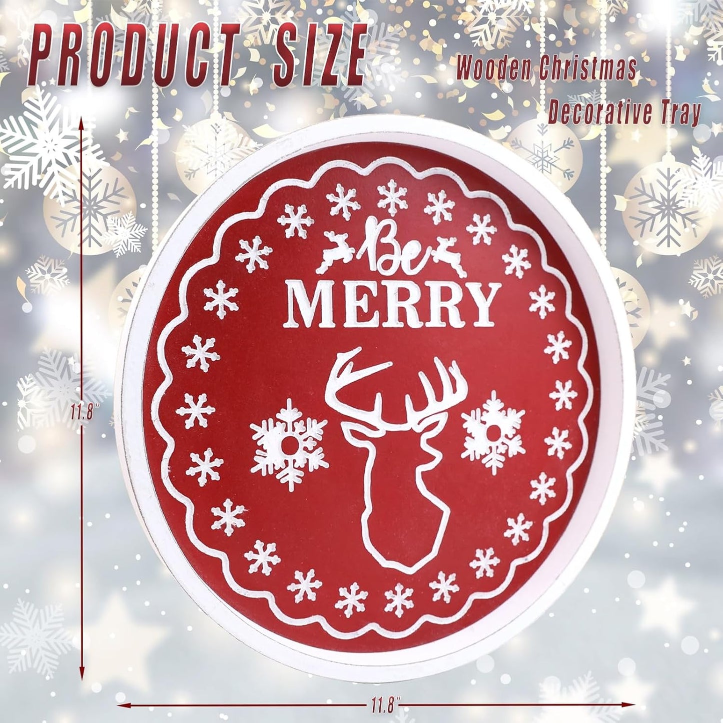 Christmas Reindeer Wood Decorative Ottoman Tray for Coffee Table Kitchen Counter, Living Room, Round Handcrafted Red Wooden Serving Tray for Table Centerpiece