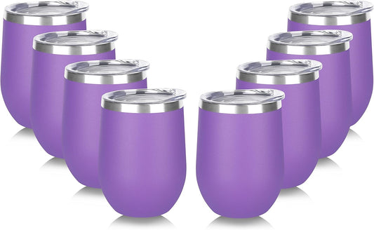DOMICARE Stainless Steel Wine Tumbler Bulk with Lid, Personalized Insulated Tumblers Set, 12oz Travel Coffee Cups Pack of 8, Purple