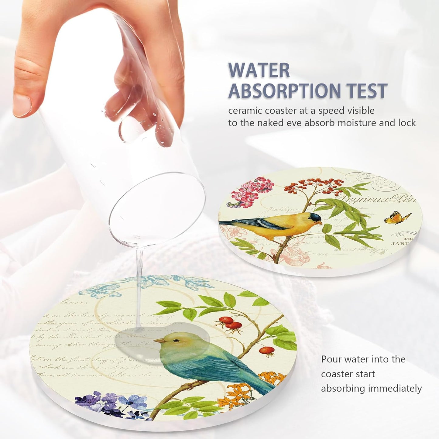 Coaster for Drinks Set of 6, Vintage Watercolor Bird Flower Absorbing Round Ceramic Stone Coaster with Cork Base,Tabletop Protection Mat for Mugs and Cups,Coffee Table Wine Glass Home Bar 4 Inch