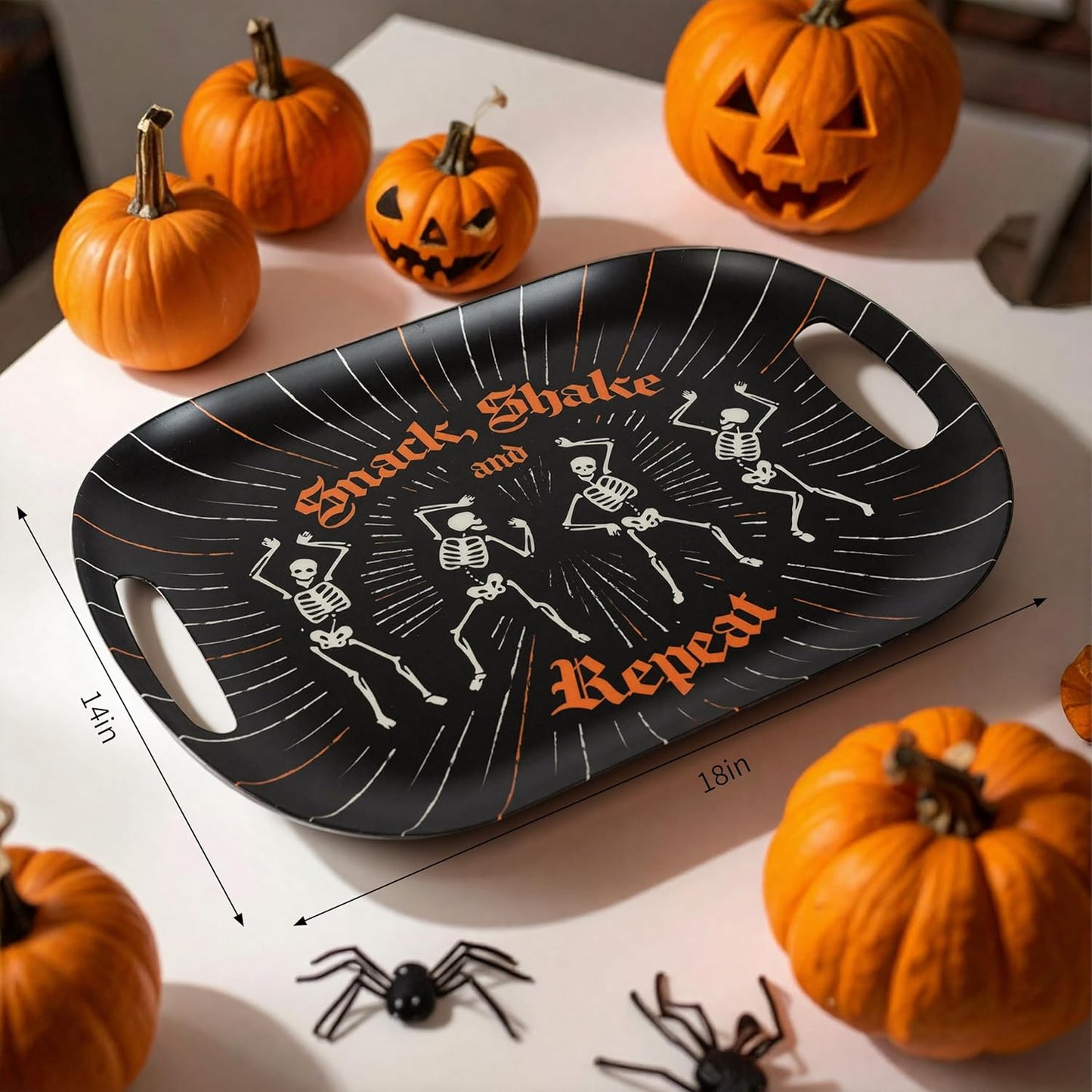 Oasis Choice 2-Pack Halloween Skeleton Serving Trays, 18" Large Handled Tray & 13" Chip & Dip Platter for Horror Party, BBQ, picnics and Birthday Decor (Bamboo Fiber, Black, 18inch)