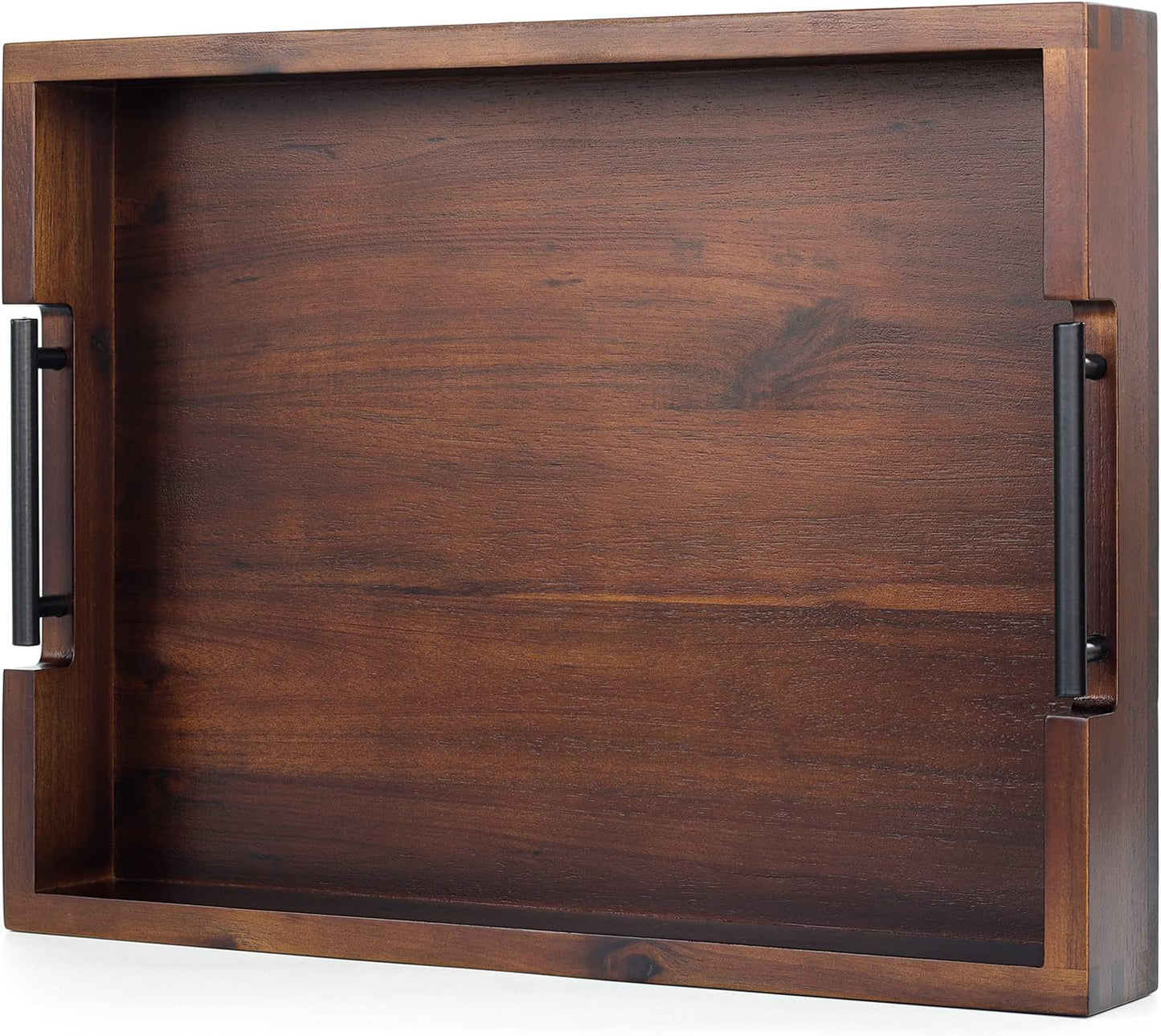 Ottoman Tray, Acacia Wood Serving Tray with Metal Handles, 16.5x12.5in Food Drinks Tray for Coffee Table, Breakfast, Dinner & Bar, Rustic Decorative Storage Tray for Ottoman, Kitchen, Packaging