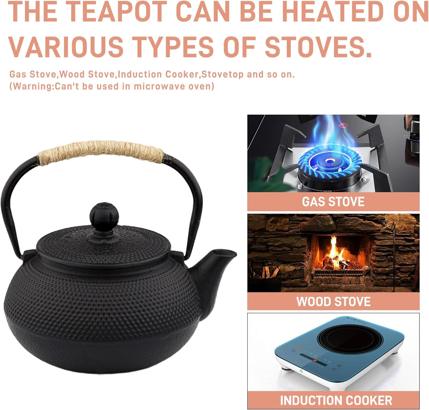 20.3oz Only, Small Tea Kettle for 1-2 Cups, Japanese Tetsubin, Cast Iron Teapot with Stainless Steel Infuser for Loose Leaf & Coffee, Tea Pot for Stovetop Safe, Enamel Interior(Black, 600ml)