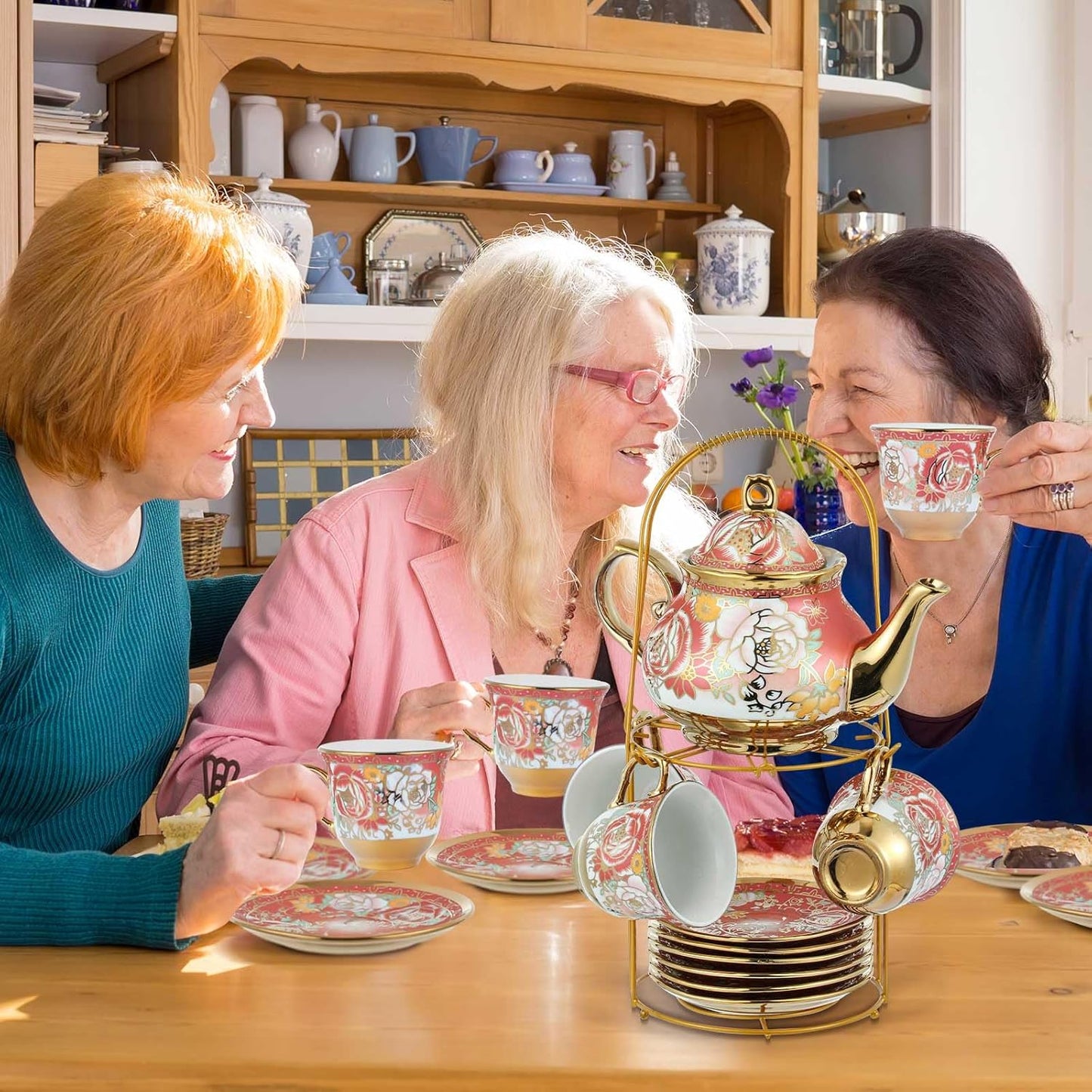 Zhehao 20 Pcs Porcelain Tea Set with Metal Holder and Spoon Adult Ceramic Tea Party Set European Flower Painting Teapot Cup Saucer Spoon Set for Women, Large Version(Noble Style)