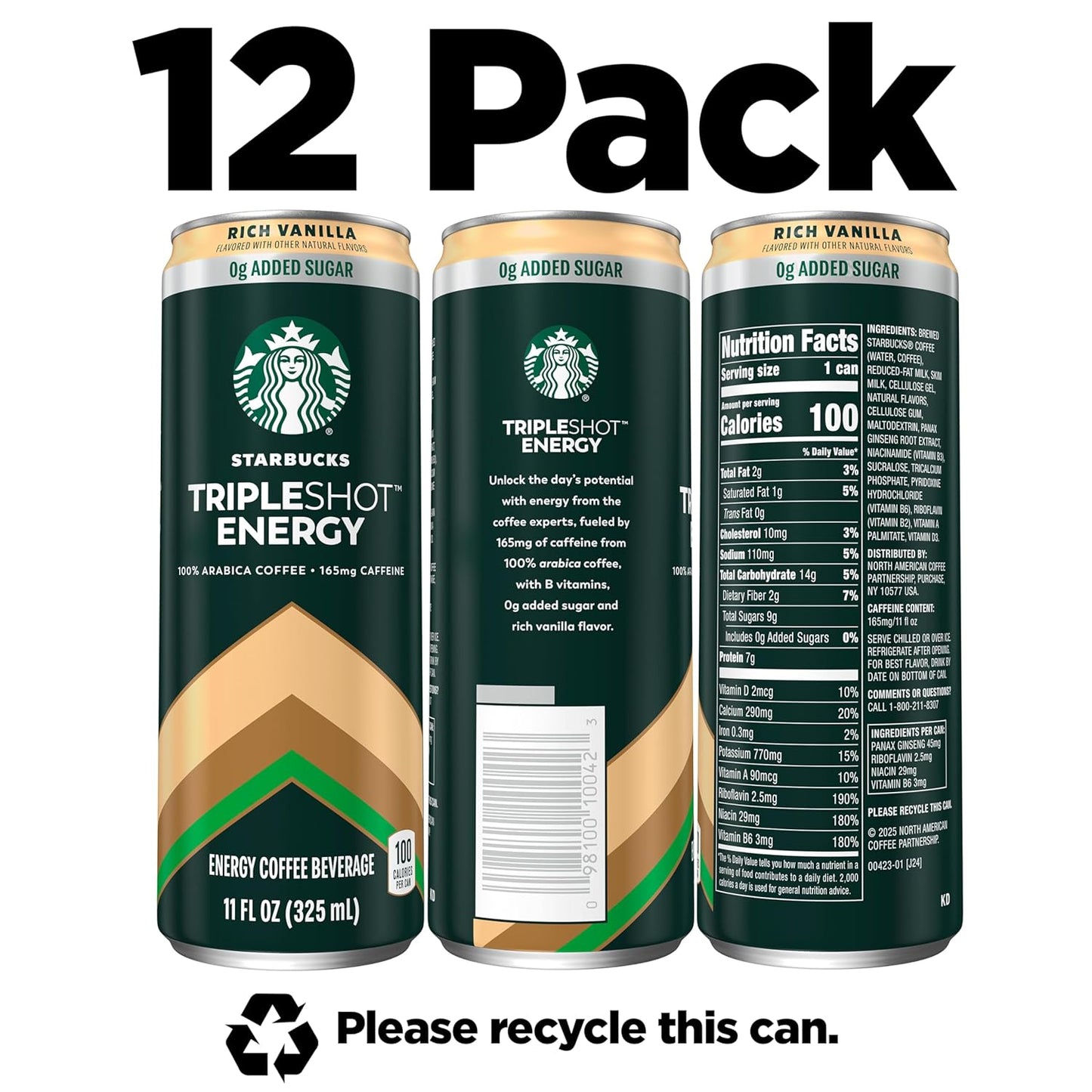 Starbucks Tripleshot Coffee Energy Drink, Rich Vanilla, 11 fl oz Cans (12 Pack), Triple Blend, 165mg Caffeine, B Vitamins, Protein, Iced Coffee (Packaging and Formula May Vary)