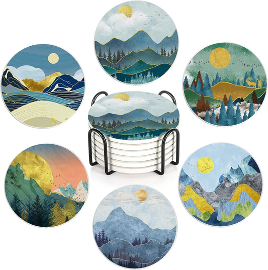 6 Pcs Coasters for Drinks with Holder, Abstract Mountain Sun Absorbent Ceramic Coasters with Cork Base,Cute Funny Table Drinks Coasters Tabletop Protection Mat,Table Home Decor,4 Inches