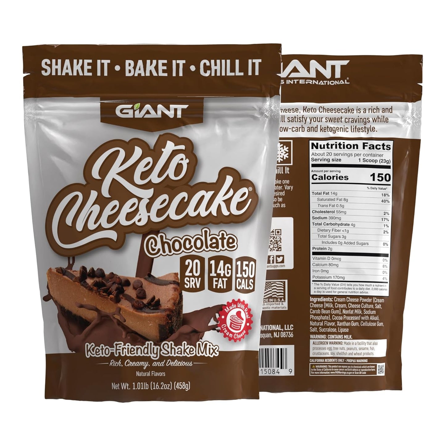 Giant Sports Keto Cheesecake Shake Mix - Delicious Low Carb, Ketogenic Diet Gluten Free Powder Mix - Works Great with Almond Milk - Chocolate (20 Serving Bag)