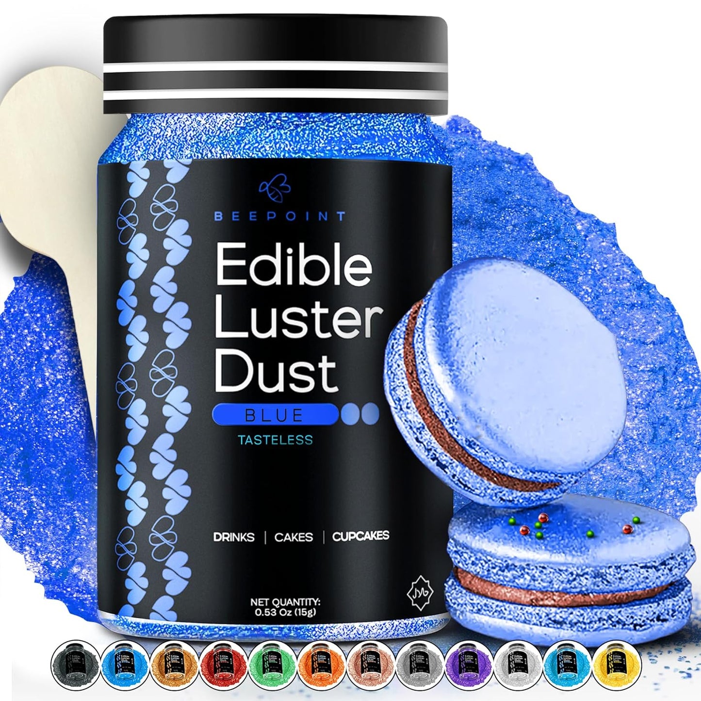 BeePoint Blue Edible Luster Dust 15g - Food Grade, Vibrant Color Shimmer Powdered Dust for Drinks, Cocktails, Cake Decorating, Baking, Chocolates, Candy, Sweets, & Cookies - Vegan & Gluten Free