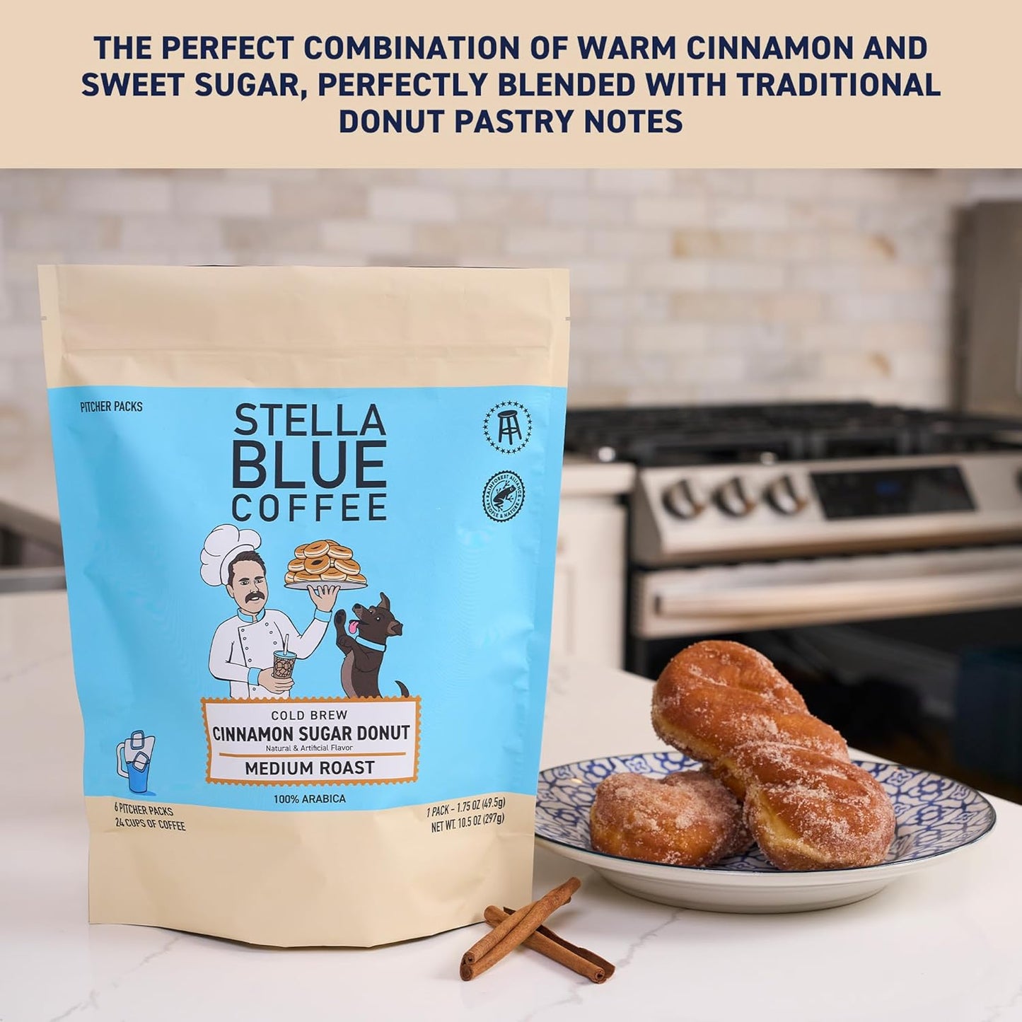 STELLA BLUE Fresh Cold Brew Coffee | Cinnamon Sugar Donut | 100% Arabica Medium Roast | Warm Cinnamon and Sweet Pastry Flavor | Cold Brew Coffee Packets | Makes 24 Pods | 6 Easy-Brew Pouches