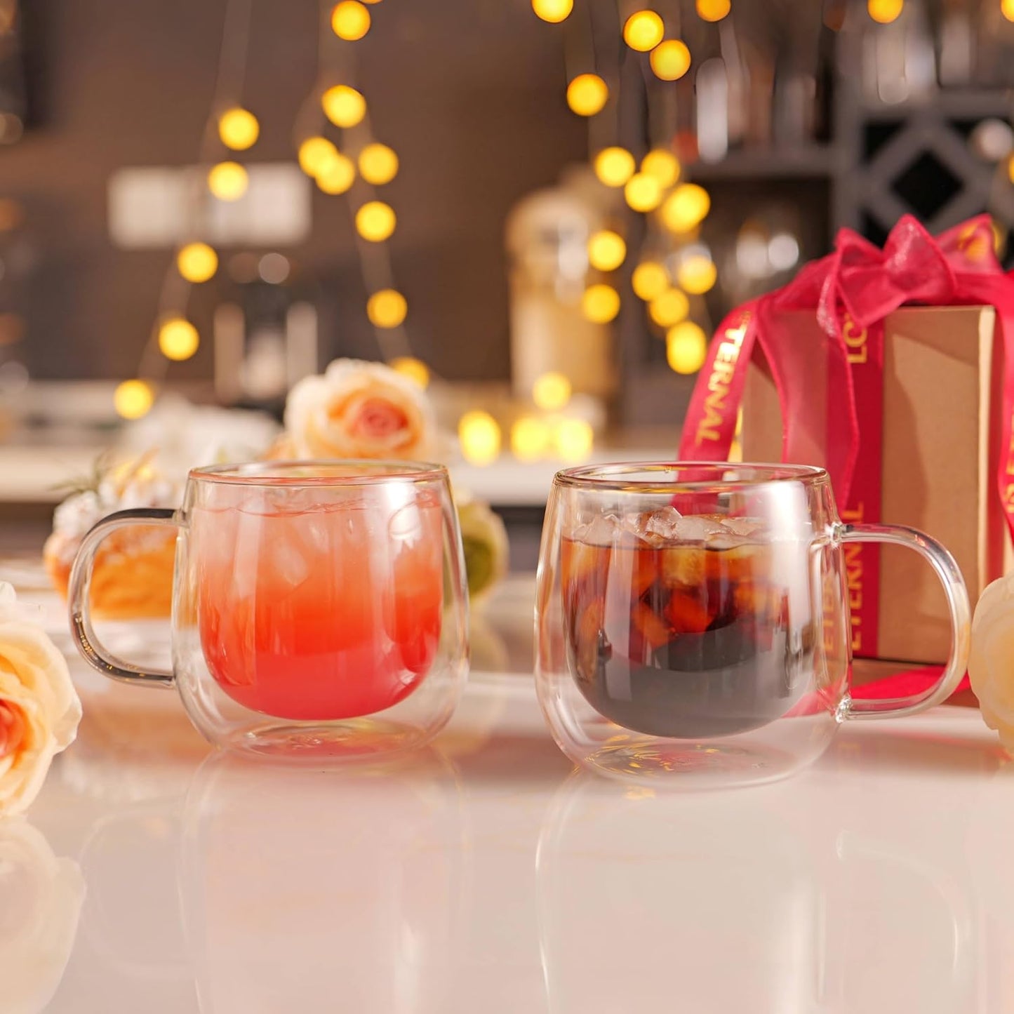 CNGLASS 12oz Double Walled Glass Coffee Mugs(2-pack),Clear Coffee Cups with Handle,Glass Espresso Mugs for Latte,Cappuccino,Tea