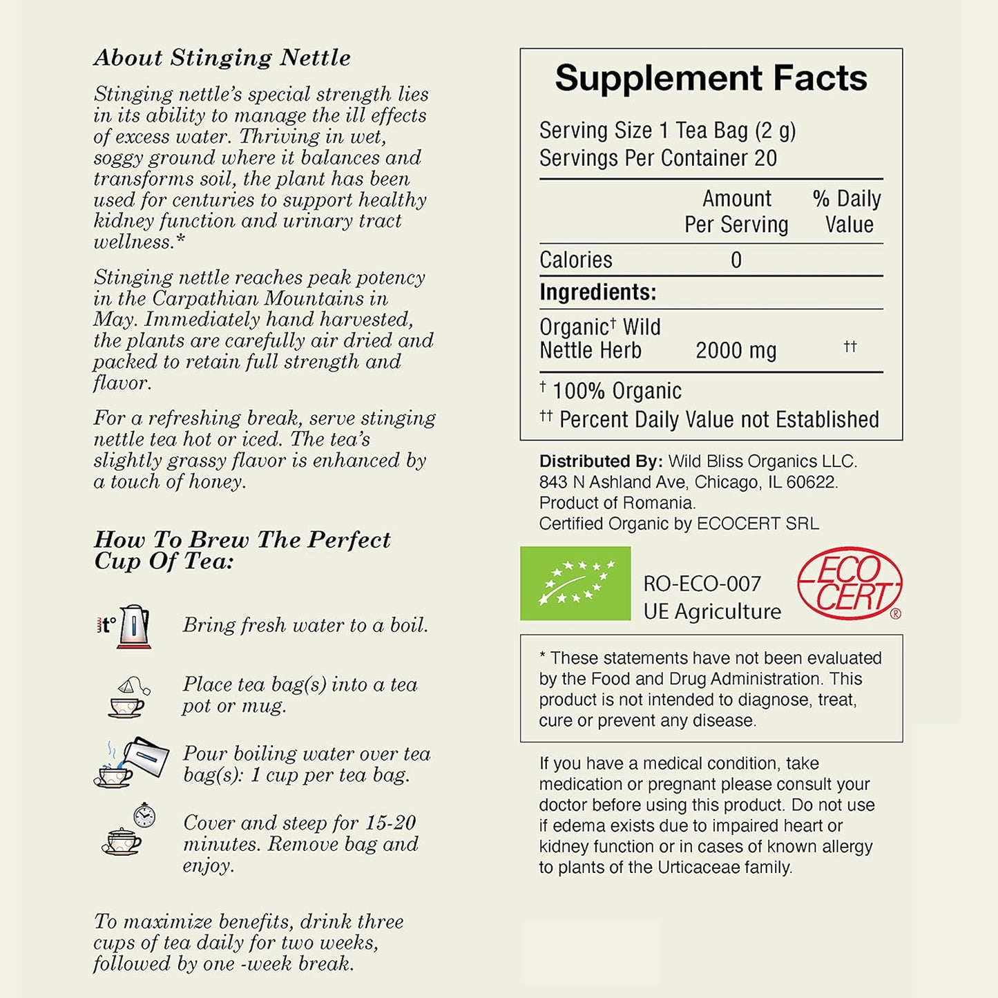 Wild Bliss Organic Wild Stinging Nettle Leaf Tea - Caffeine Free Urinary Tract and Joint Health Herbal Support - Pharmacopoeia Potency - 20 Plant Based Tea Bags