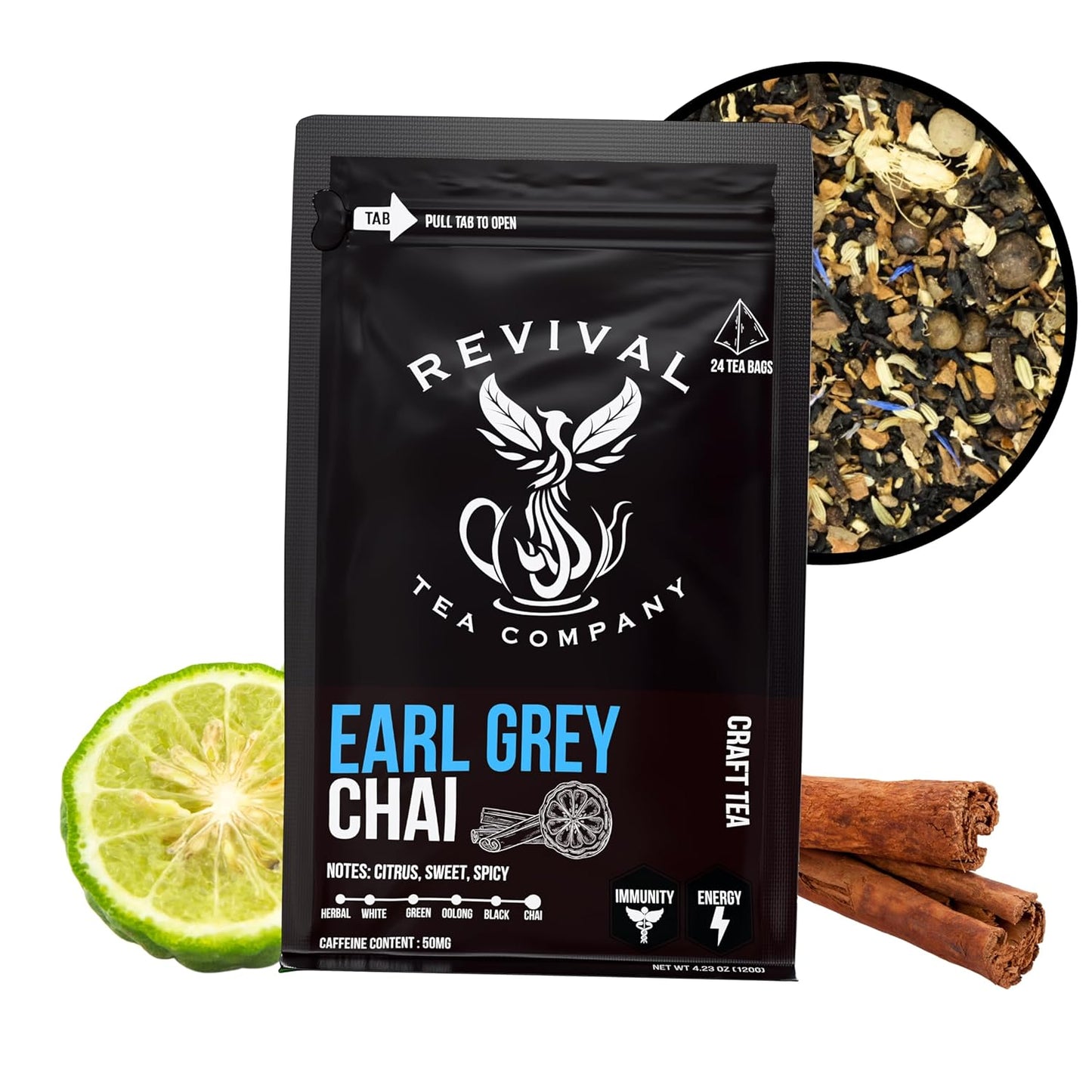 Revival Tea Company Earl Grey Chai Tea - Black Tea Blend with Fresh Spiced Chai and Bergamot Flavor - 24 Tea Bags