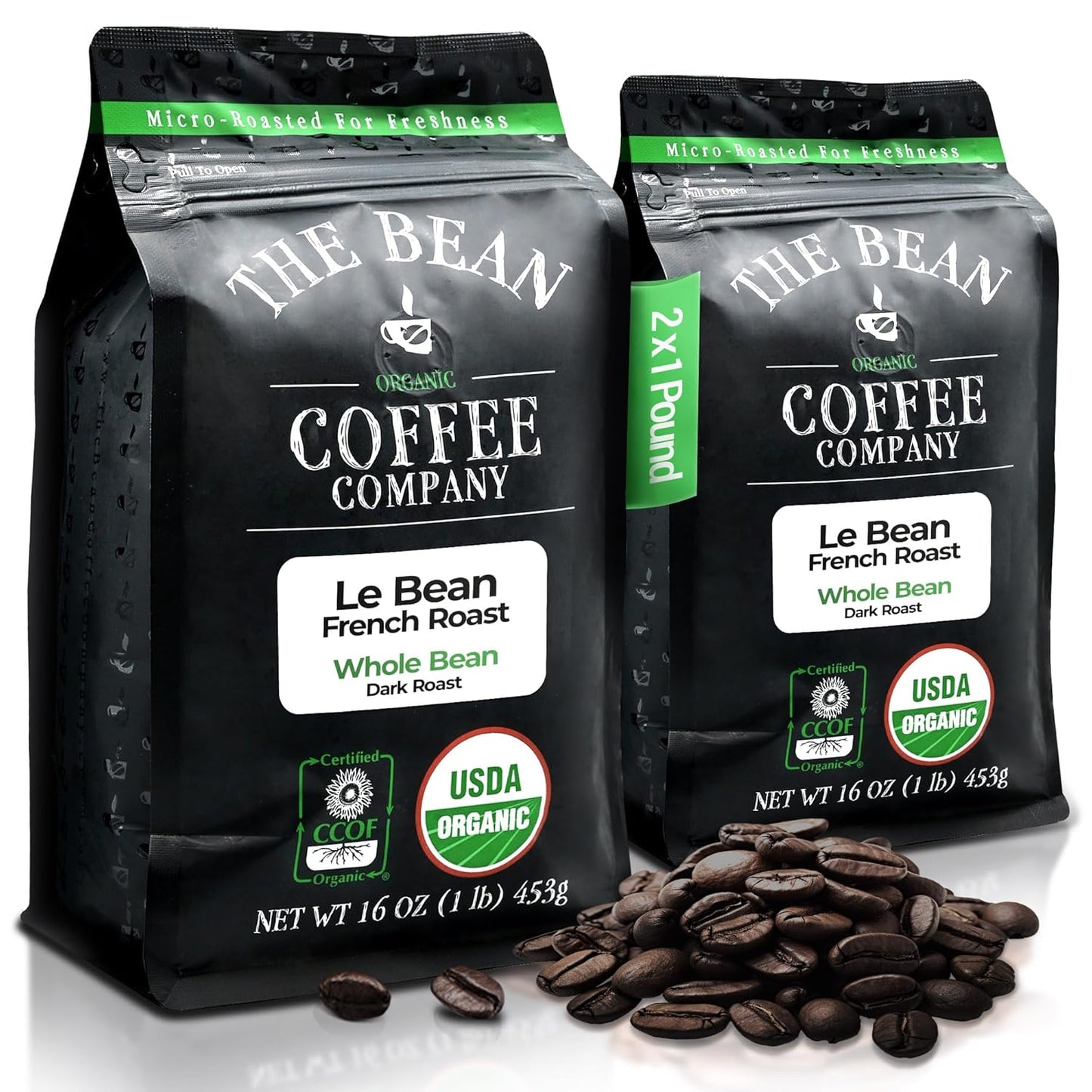 The Bean Organic Coffee Company Le Bean, Dark French Roast, Whole Bean Coffee, 16-Ounce Bags (Pack of 2)