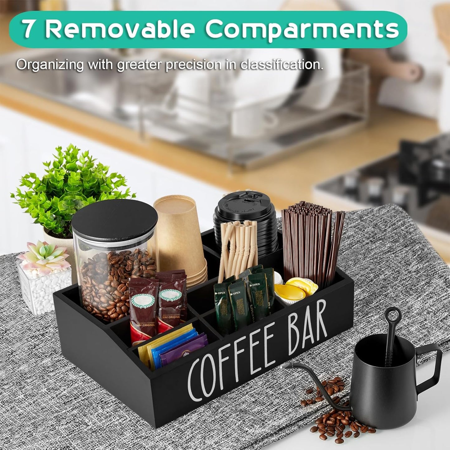 ALELION Coffee Station Organizer for Countertop - 7 Compartments Coffee Bar Accessories and Organizer with Removable Dividers - Black Coffee and Tea Condiment Organizer