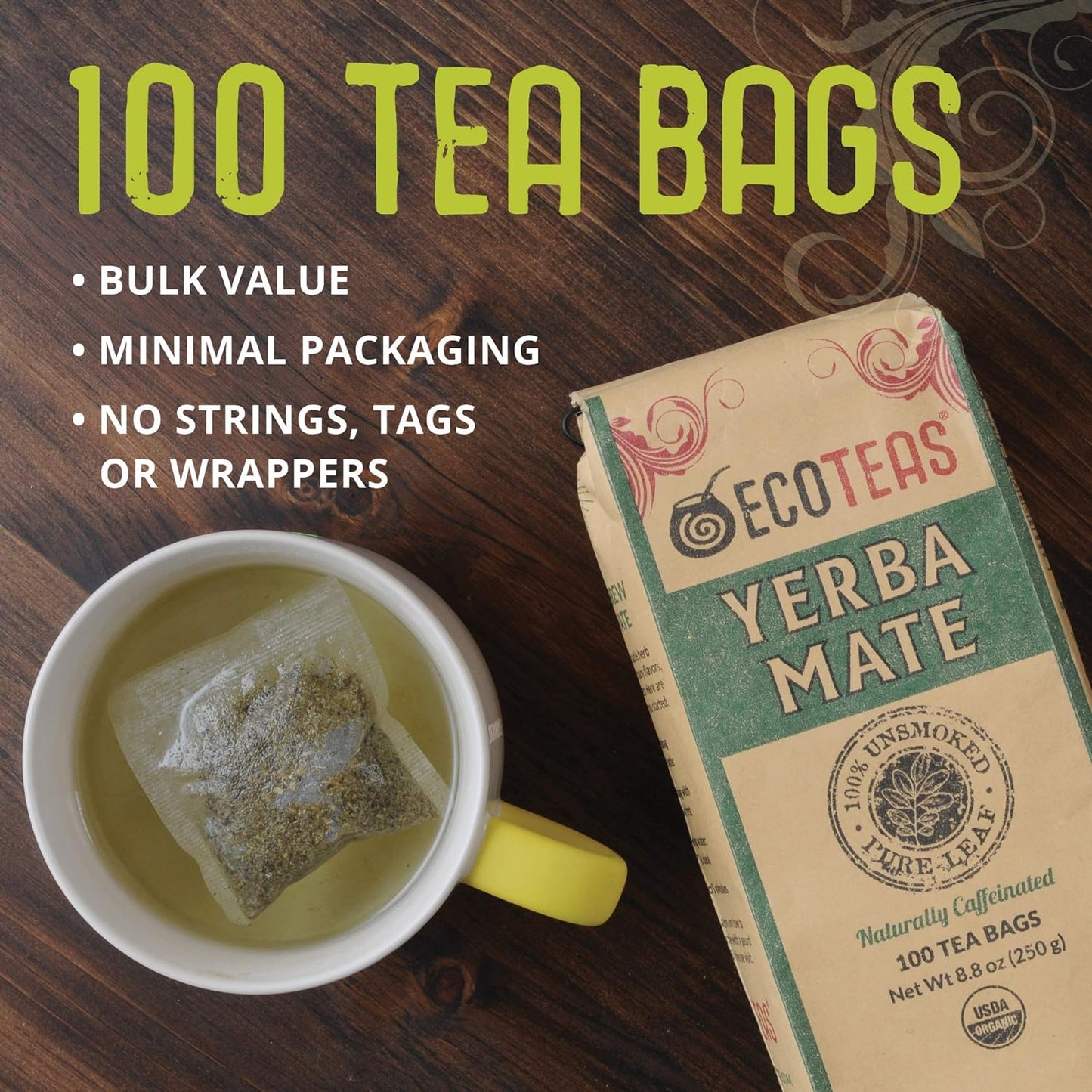 ECOTEAS PremiumOrganic Yerba Mate Tea Bags – Natural Energy & Detox Herbal Tea – Coffee Alternative - Kosher, Non-GMO, Gluten-Free - 100 Unsmoked Bulk Bags, 8.8 oz (Pack of 3)