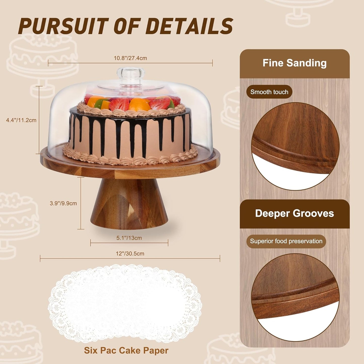 Bellsal Acacia Wood Cake Stand with Clear Acrylic Lid Dome Cover, 12in Cake Plate with Dome, Cake Display Stand with Cover, Cake Holder for Baking Gifts, Birthday Kitchen Party, Wedding