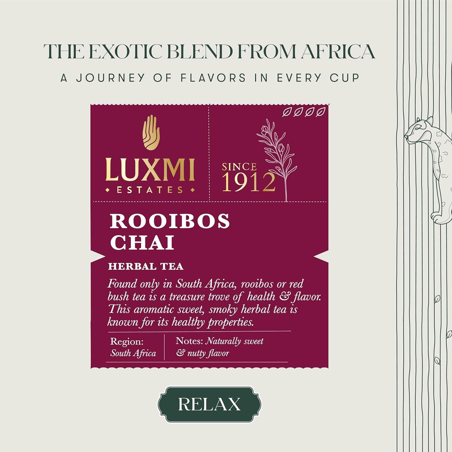 Luxmi Estates - Rooibos Chai - Organic Rooibos Tea with Spices - Loose Leaf - 100g (50 Cups), Limited Fall Tea with Cinnamon, Cardamom and Clove, Perfect for Relaxation