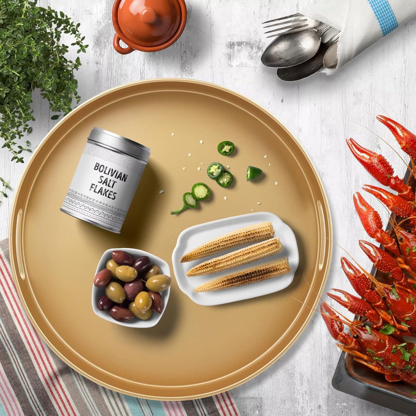 Gold Round Decorative Tray with Handles, 13" Versatile Serving Tray for Coffee Table, Ottoman, Ideal for Serving, Displaying, Organizing