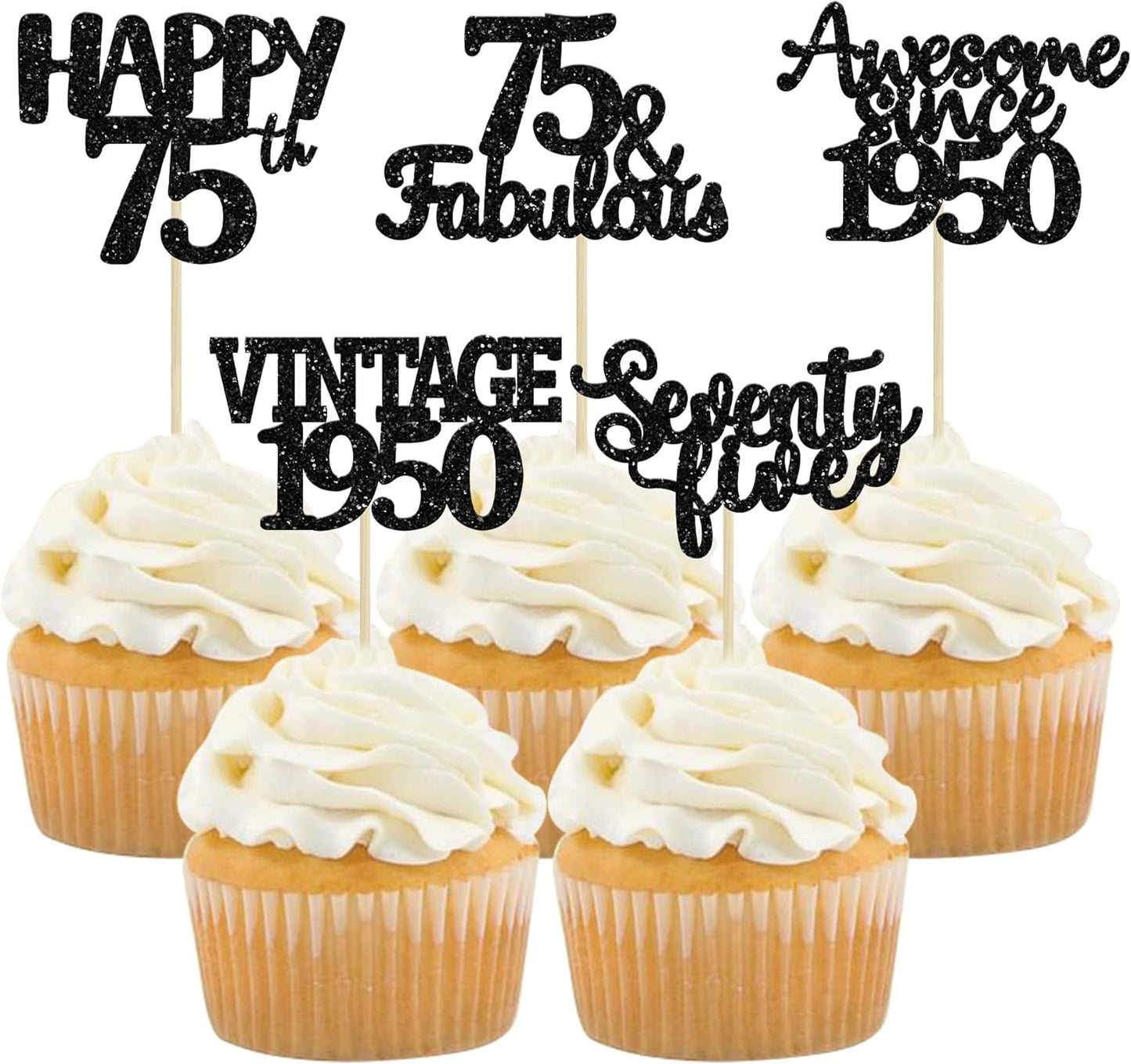 Gyufise 30 Pack black Glitter 75th Birthday Cupcake Toppers Vintage 1950 Cake Toppers Hello 75 Cake Topper Sixty Five 75 & Fabulous Cupcake Picks 75th Birthday Cake Decorations Supplies