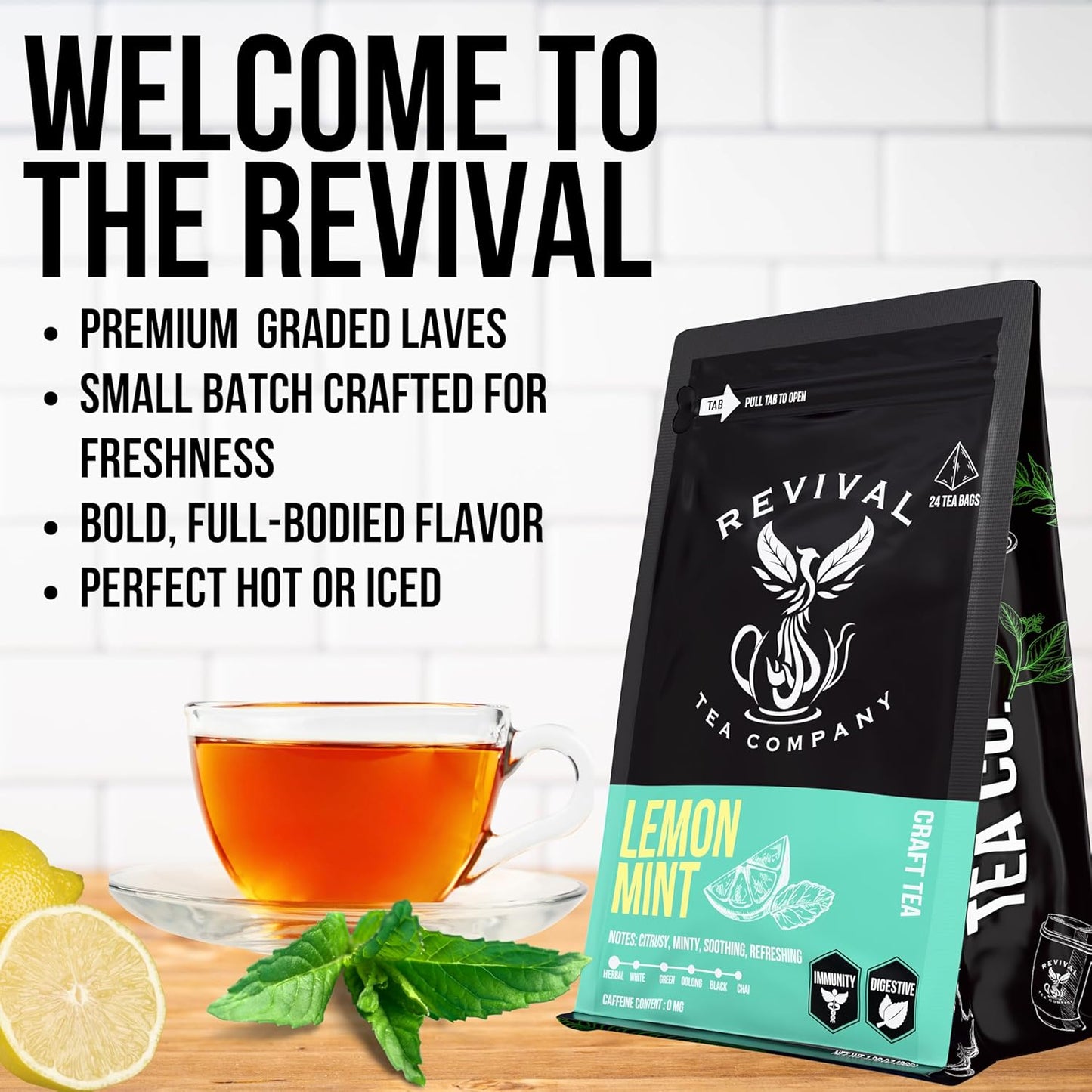 Revival Tea Company Lemont Mint Tea - Herbal Tea Blend of Peppermint, Spearmint and Lemon - Caffeine Free - 24 Tea Bags