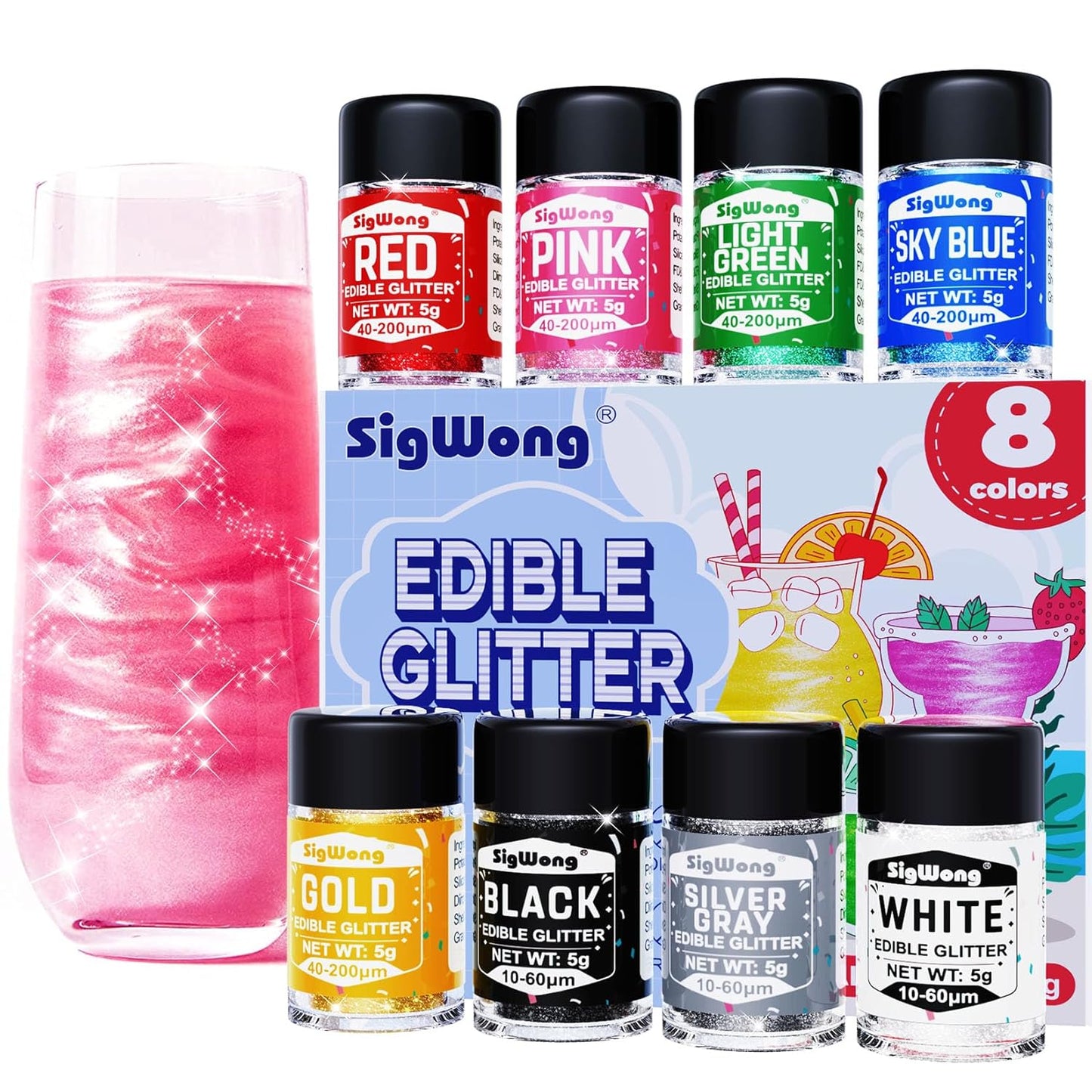Edible Glitter - 8 Colors Luster Dust Edible Set for Drinks, Food Grade Edible Glitter Dust for Cake Decorating, Cocktail, Fondant, Strawberries, Candy, Cookie, Chocolate. Vegan and Gluten Free - 5g/bottle